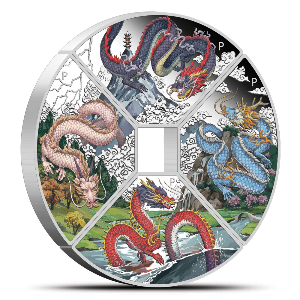 Buy 2024 1 oz Tuvalu Silver Lunar Dragon Quadrant 4-Coin Set (Box