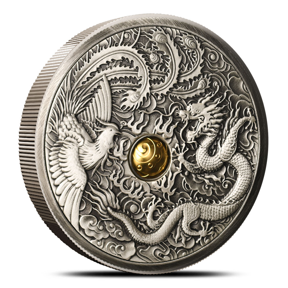 Buy 2024 1 oz Antique Dragon and Phoenix Rotating Window Silver