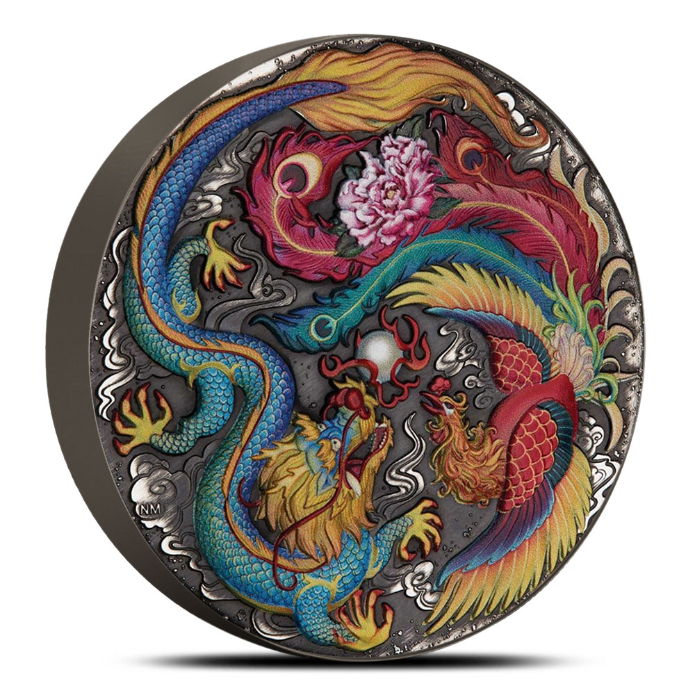 Buy 2024 5 oz Antique Colorized Tuvalu Silver Dragon and Phoenix