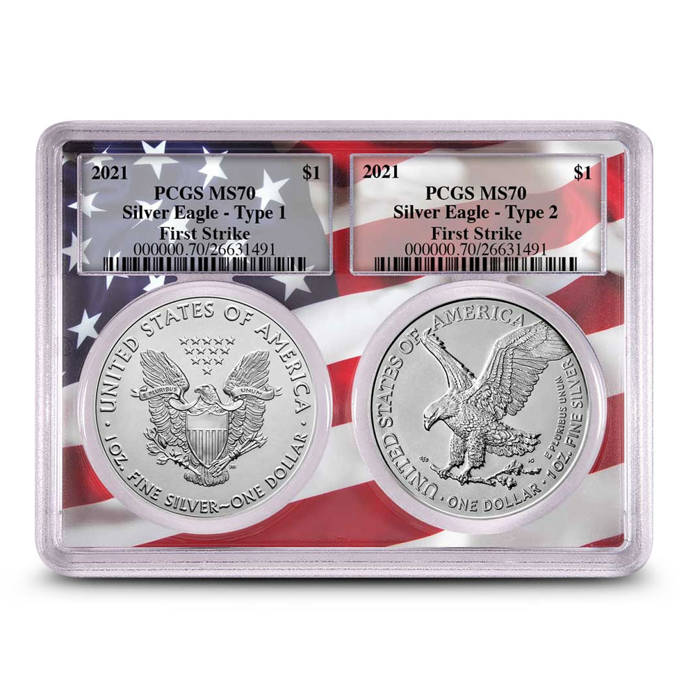 Buy 2021 1 oz American Silver Eagle 2-Coin Set PCGS MS70 FS (Flag